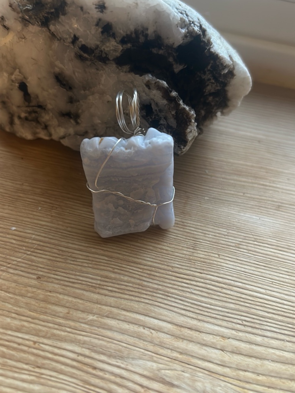 Handmade Lavender Blue Lace Agate Pendant Necklace - Wire Wrapped